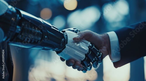 Businessmen and robot handshake - business and technology concept with copy space