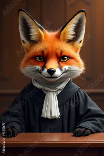 Wallpaper Mural A fox dressed as a judge sits confidently in a courtroom, merging humor and surrealism with the theme of justice in a whimsical, imaginative setting Torontodigital.ca