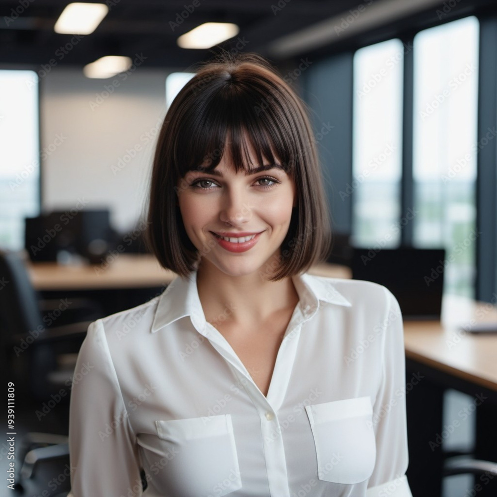 Brunette girl or young beautiful woman with brown eyes, wearing white shirt, in office setting. A bank employee with bob hairstyle listens to you. AI. The girl smiles sweetly, she has white teeth Brunette girl or young beautiful woman with brown eyes, wearing white shirt, in office setting. A bank employee with bob hairstyle listens to you. AI. The girl smiles sweetly, she has white teeth