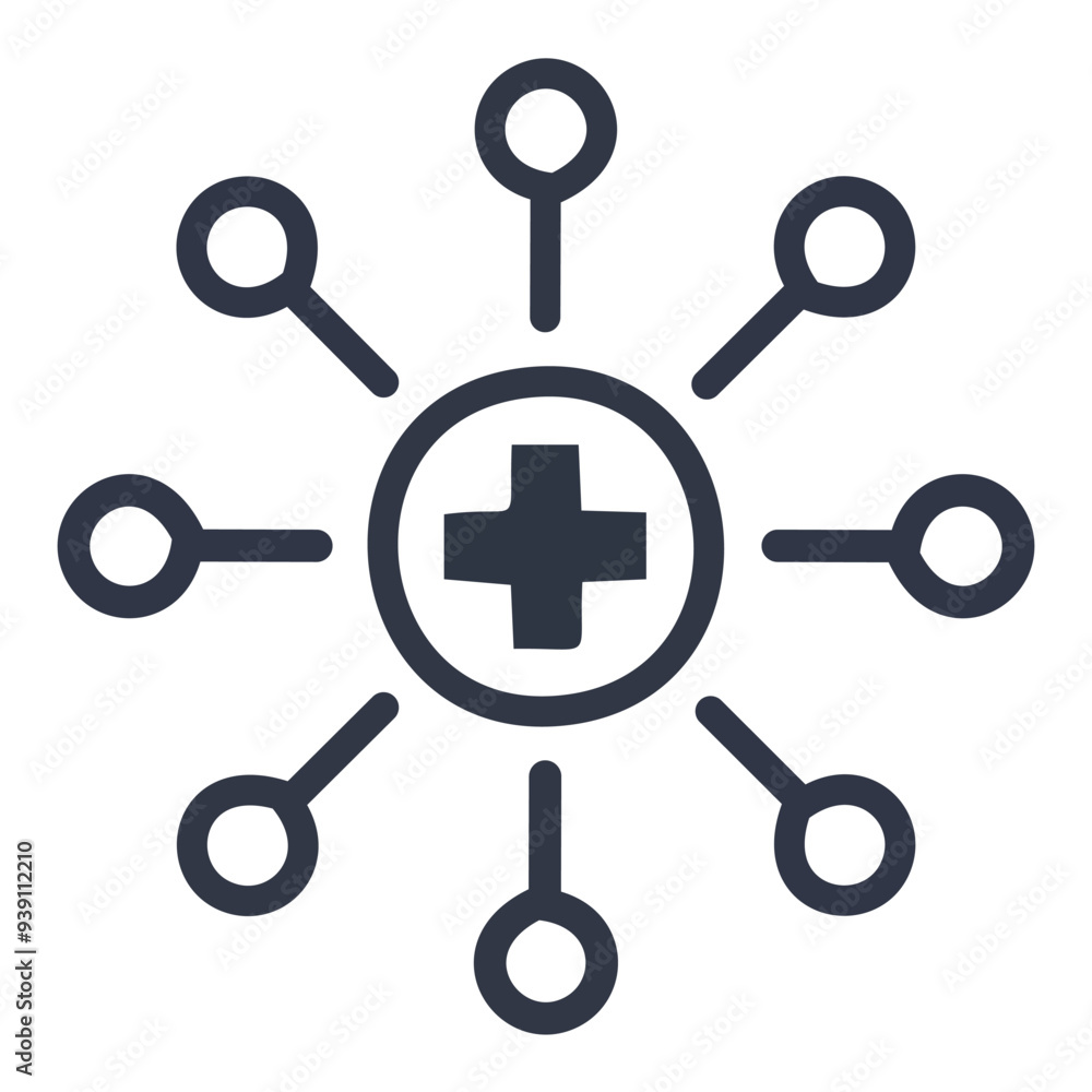 Health network icon illustration. Simple graphic showing a network or connection of dots linked to a central medical cross symbol. Health network icon illustration. Simple graphic showing a network or connection of dots linked to a central medical cross symbol.