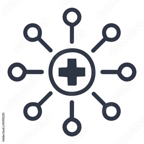 Health network icon illustration. Simple graphic showing a network or connection of dots linked to a central medical cross symbol.