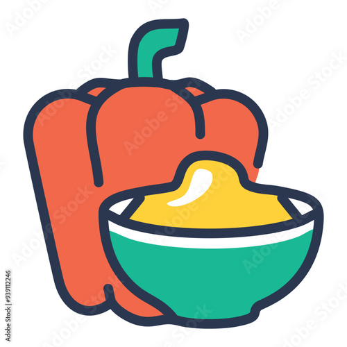 Red bell pepper and dip illustration. Colorful vector graphic of a red bell pepper with a bowl of dip. Perfect for food blogs, recipes, or healthy eating content.