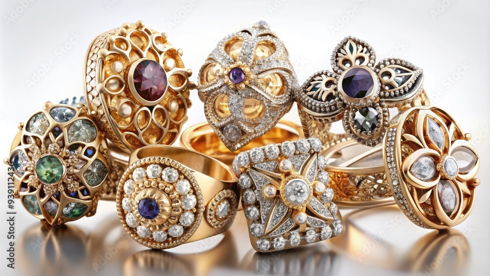 Elegant fingers adorned with a dazzling assortment of intricately designed rings in various metals, gemstones, and styles, showcasing a sophisticated and glamorous fashion statement. Elegant fingers adorned with a dazzling assortment of intricately designed rings in various metals, gemstones, and styles, showcasing a sophisticated and glamorous fashion statement.