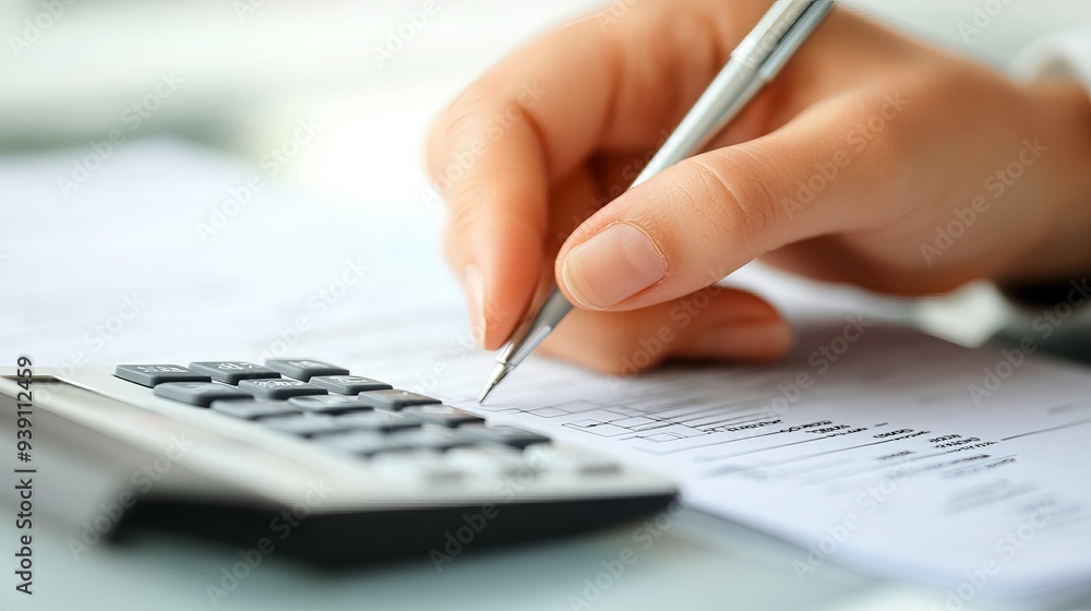Closeup of a businessperson calculating an invoice at their workplace Closeup of a businessperson calculating an invoice at their workplace