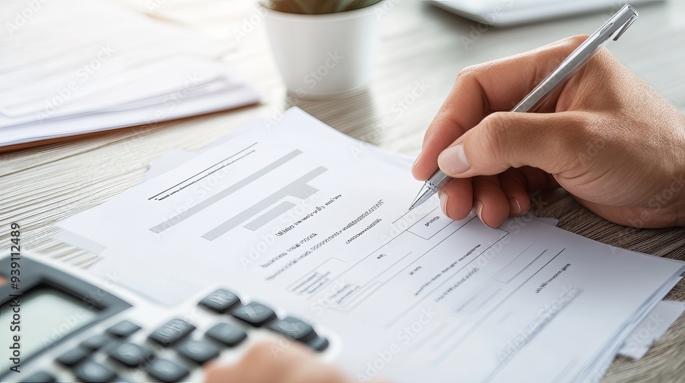 Closeup of a businessperson calculating an invoice at their workplace Closeup of a businessperson calculating an invoice at their workplace
