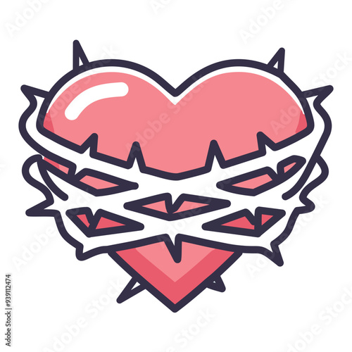 Heart thorns illustration. A heart encircled by thorny vines. This image can represent love, protection, or danger.