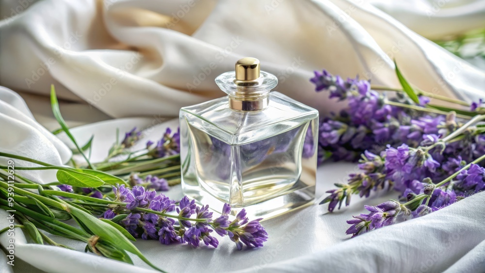 Elegant glass perfume bottle surrounded by fresh lavender flowers and greenery on a soft, white cloth, evoking a sense of calm and serenity. Elegant glass perfume bottle surrounded by fresh lavender flowers and greenery on a soft, white cloth, evoking a sense of calm and serenity.