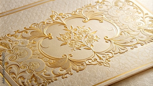 Elegant gold foil-stamped invitation layout on creamy textured paper, adorned with intricate floral patterns and ornate borders, evoking luxury and sophistication.