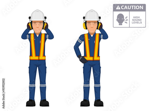 Two industrial workers are closing his ears on white background