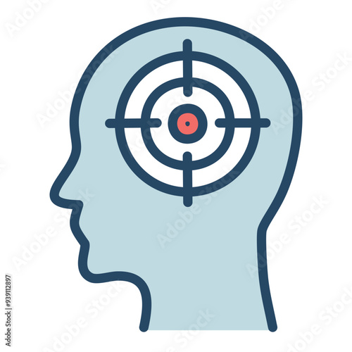 Focused mind target icon. Simple vector illustration of a head with a target inside, symbolizing concentration, purpose, and achieving goals.