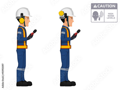 Two industrial workers are  measuring sound level  on white background