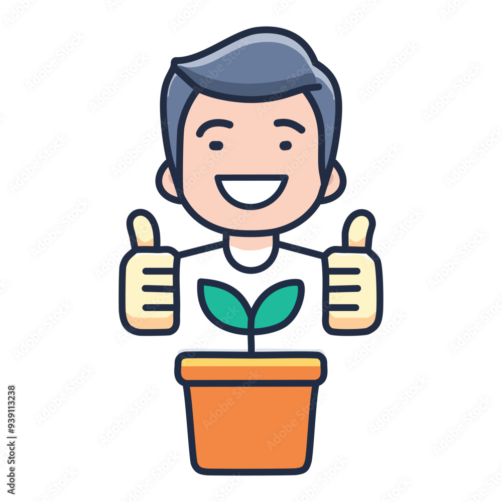 Happy man holding potted plant. Smiling man holding a potted plant with thumbs up. Perfect for environmental, growth, and success themes.