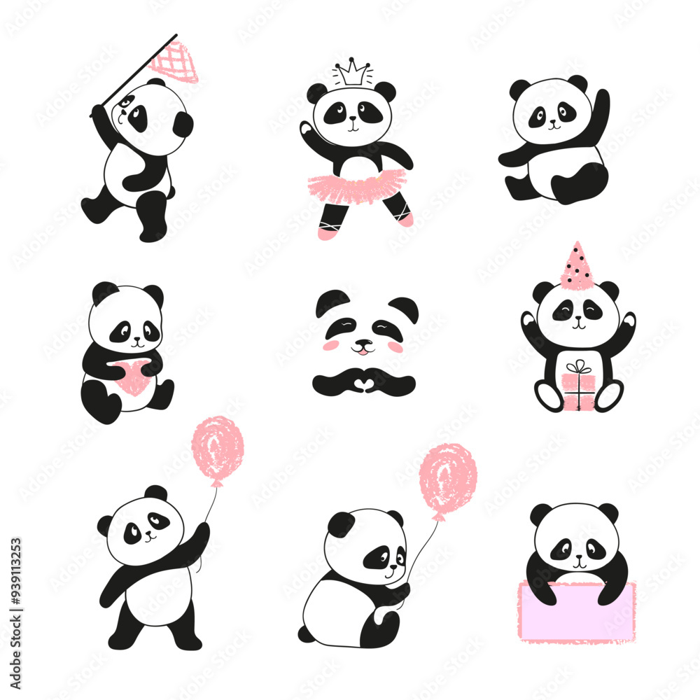Cute panda big set. Vector illustration of little bears Cute panda big set. Vector illustration of little bears