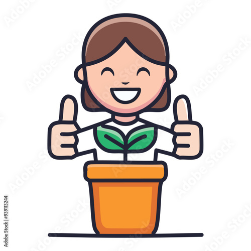 Happy person growing plant thumbs up. Cartoon illustration of a happy person growing a plant with their thumbs up, symbolizing success and growth.