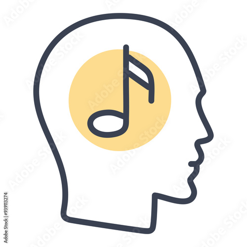 Music in the mind icon. A simple icon of a head with a musical note inside, representing music appreciation and thought.