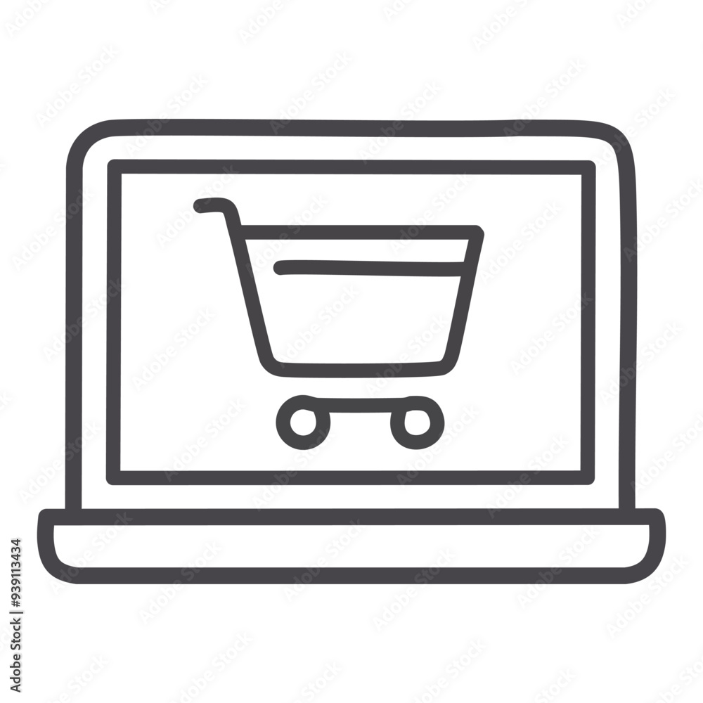 Online shopping laptop icon. Simple line art icon depicting a laptop computer with a shopping cart symbol on the screen. Ideal for digital marketing, e-commerce, and online retail. Online shopping laptop icon. Simple line art icon depicting a laptop computer with a shopping cart symbol on the screen. Ideal for digital marketing, e-commerce, and online retail.