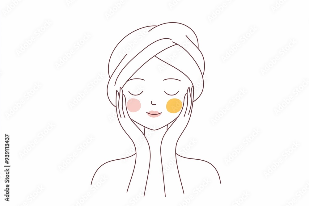 Simple line art, fkat illustration of woman with hair wrapped in a towel, washing her face with water and cream, beauty and skin care products poster, banner, free copy space Simple line art, fkat illustration of woman with hair wrapped in a towel, washing her face with water and cream, beauty and skin care products poster, banner, free copy space
