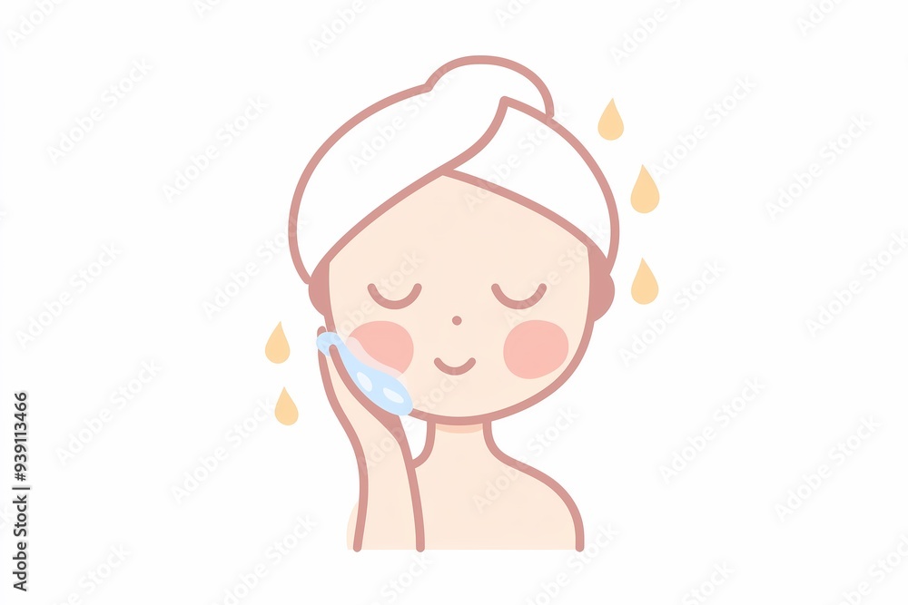 Simple line art, fkat illustration of woman with hair wrapped in a towel, washing her face with water and cream, beauty and skin care products poster, banner, free copy space Simple line art, fkat illustration of woman with hair wrapped in a towel, washing her face with water and cream, beauty and skin care products poster, banner, free copy space