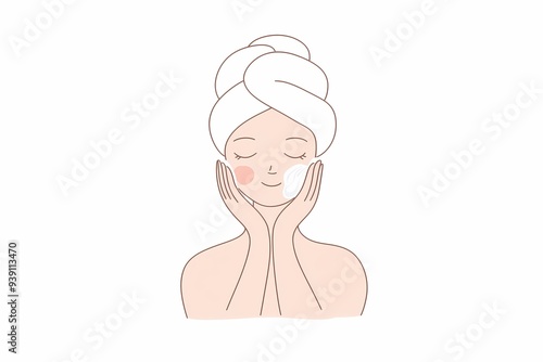 Simple line art, fkat illustration of woman with hair wrapped in a towel, washing her face with water and cream, beauty and skin care products poster, banner, free copy space photo