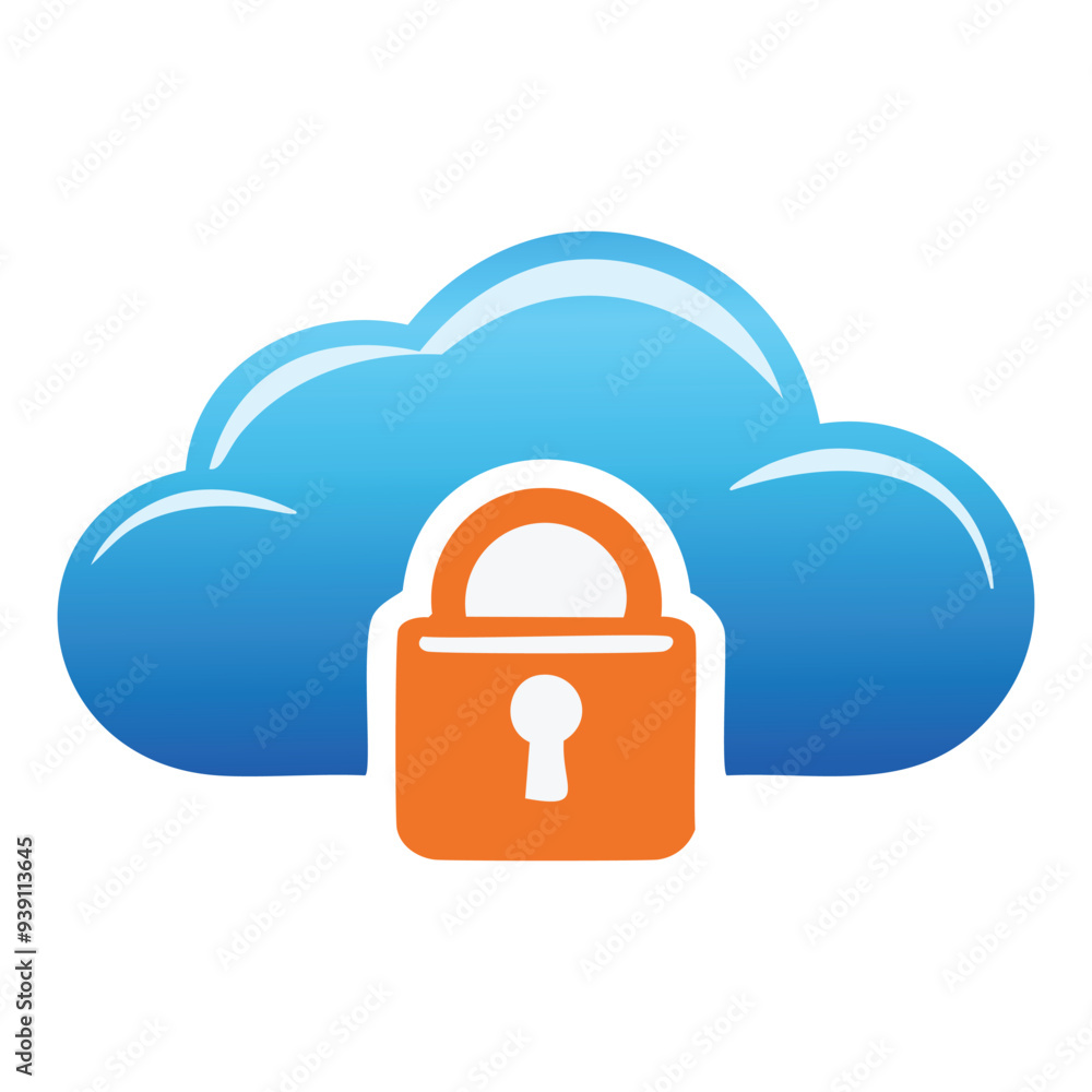 Secure cloud storage symbol. An icon symbolizing safe cloud data storage. The graphic features a padlock placed on a blue cloud, representing robust data security. Secure cloud storage symbol. An icon symbolizing safe cloud data storage. The graphic features a padlock placed on a blue cloud, representing robust data security.