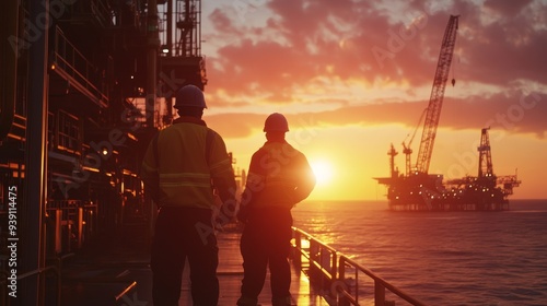 Elite Workers in Safety Gear Performing Maintenance on High-Tech Offshore Oil Rig, Immersive 8K Cinematic Resolution