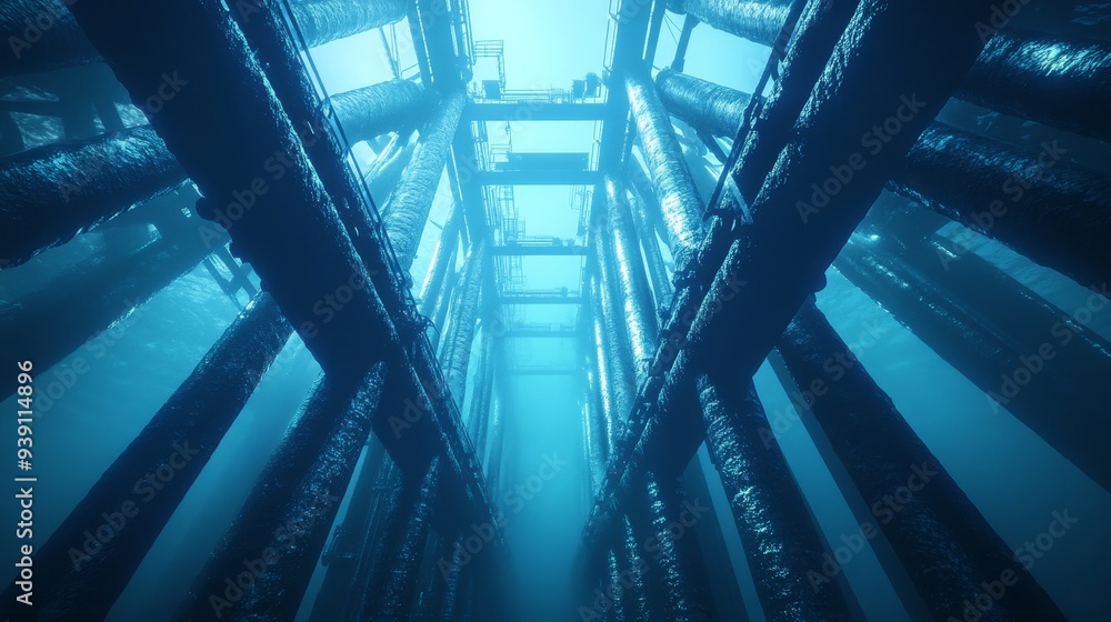 Beneath the Waves: Detailed 8K Cinematic View of Offshore Oil Rig's ...