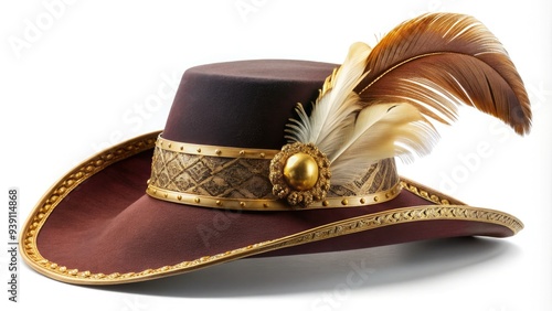 Elegant wide-brimmed hat with a distinctive curved feather and ornate gold trim, reminiscent of 17th-century European nobility and adventurous swashbuckling heroes.