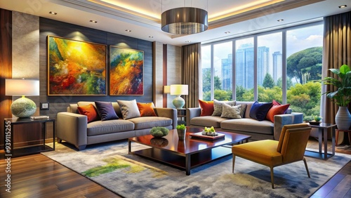 Elegantly appointed living room with modern artwork, sleek furniture, and vibrant color accents, suggesting refined luxury and sophisticated urban dwelling.