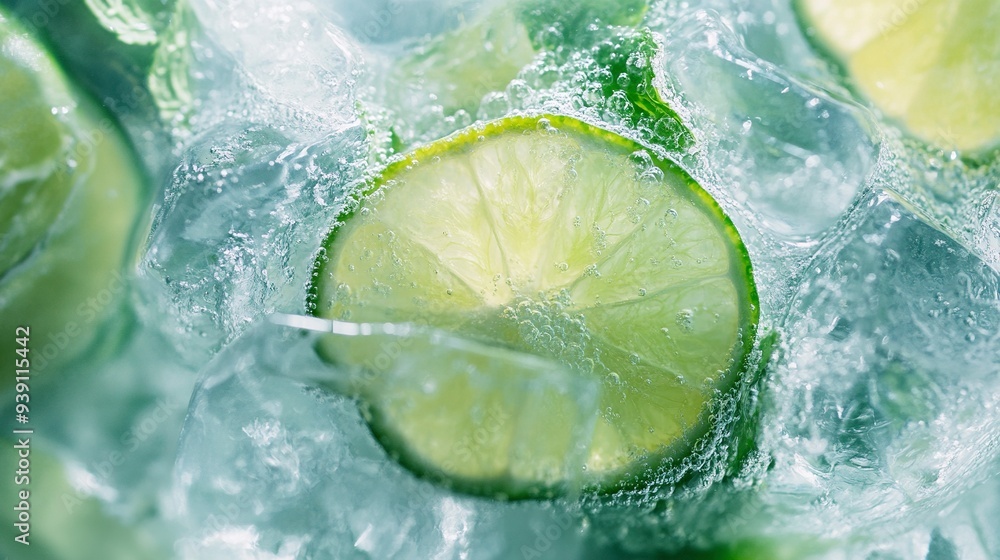 Refreshing drink made with lime slices and mint leaves in water. Textured photo. Generative ai Refreshing drink made with lime slices and mint leaves in water. Textured photo. Generative ai