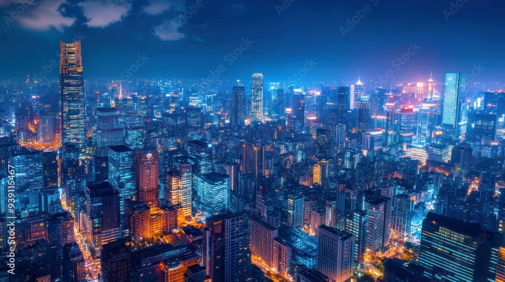 Fototapeta premium Nighttime Aerial View of a Densely Populated City with Illuminated Skyscrapers