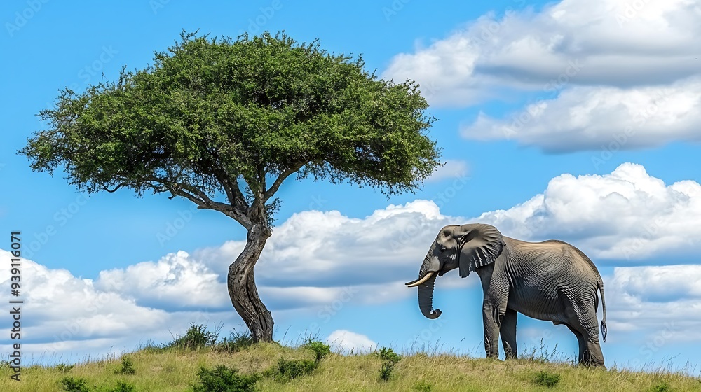 Fototapeta premium A large gray elephant stands on a grassy hill next to a leafy tree under a partly cloudy blue sky.
