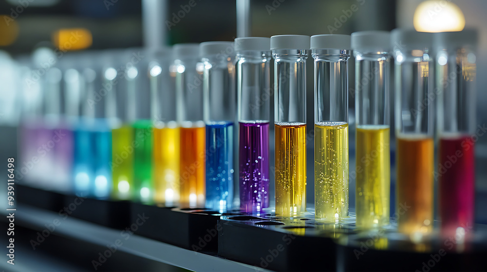 row of test tubes filled with different chemicals undergoing reactions with each showing a unique color and texture, carefully observed by a lab technician row of test tubes filled with different chemicals undergoing reactions with each showing a unique color and texture, carefully observed by a lab technician