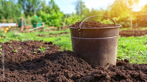 Shiny Iron Bucket with Freshly Dug Earth on Garden Path Near Flower Bed