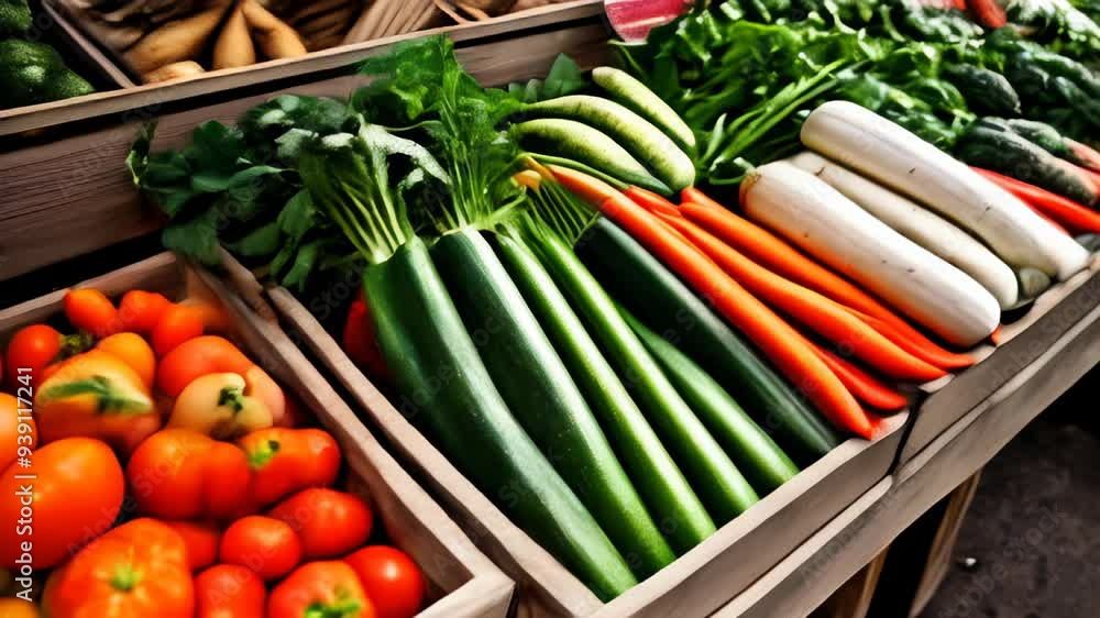 Fresh produce display at a farmers market Fresh produce display at a farmers market