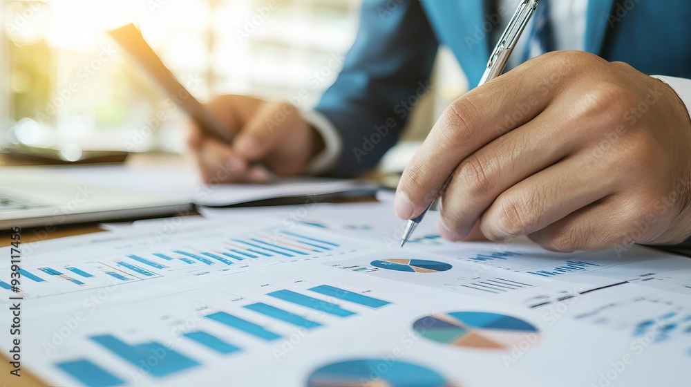 Financial business team presentation with a businessman holding documents containing financial statistics and discussing and analyzing report data charts and graphs Financial business team presentation with a businessman holding documents containing financial statistics and discussing and analyzing report data charts and graphs