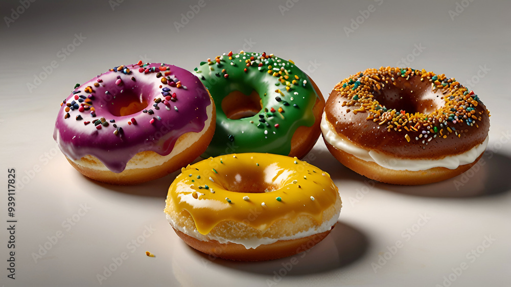 A group of donuts with different flavors and toppings on white background
A group of donuts with different flavors and toppings on white background
