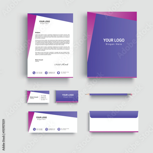 corporate modern stationery set design template in pink purple color. letterhead envelope , business card ,file folder with bleed .stationary set vector design letterhead, visiting card, envelop
