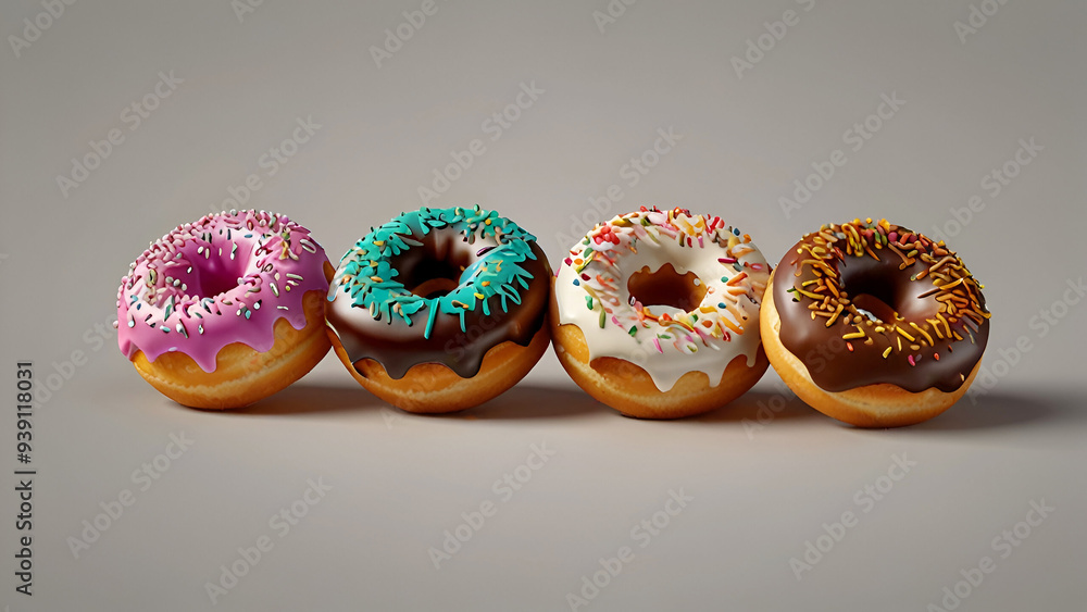 A group of donuts with different flavors and toppings on white background
A group of donuts with different flavors and toppings on white background