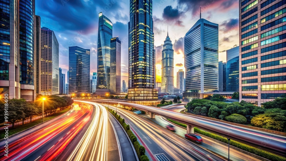 Fast-paced urban landscape with sleek skyscrapers, bustling streets, and blurred motion, capturing the frenetic energy of rapid transformation and modernization. Fast-paced urban landscape with sleek skyscrapers, bustling streets, and blurred motion, capturing the frenetic energy of rapid transformation and modernization.
