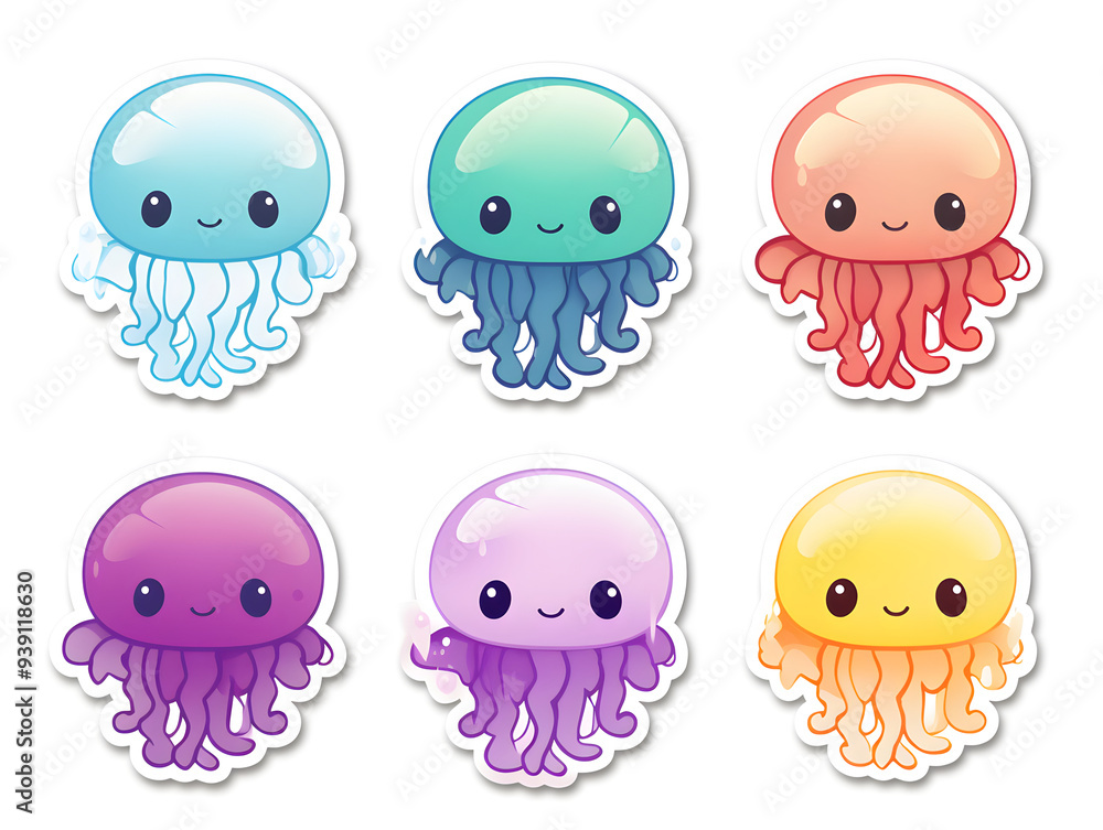 Jellyfish kawaii stickers with vibrant color Jellyfish kawaii stickers with vibrant color