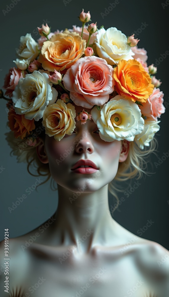 A captivating portrait of a woman adorned with a floral crown, featuring soft pink and orange roses, embodying beauty and nature. Perfect for beauty, fashion, and floral design themes. A captivating portrait of a woman adorned with a floral crown, featuring soft pink and orange roses, embodying beauty and nature. Perfect for beauty, fashion, and floral design themes.