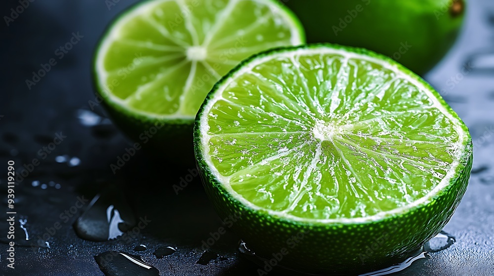 Light green halved limes and water droplet on it Light green halved limes and water droplet on it