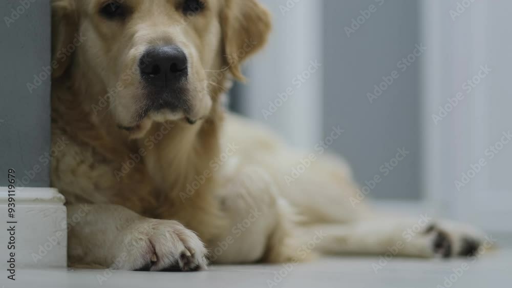 breed dog golden retriever resting on a light floor	