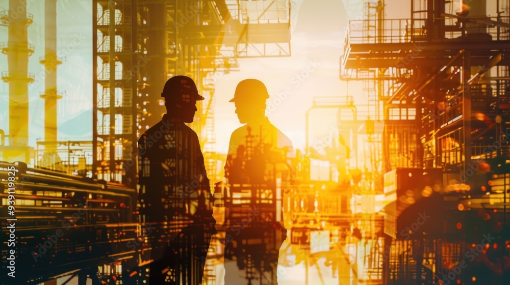 An engineer and foreman consulting with a director in a modern industrial factory, discussing a new production project or investment. An engineer and foreman consulting with a director in a modern industrial factory, discussing a new production project or investment.