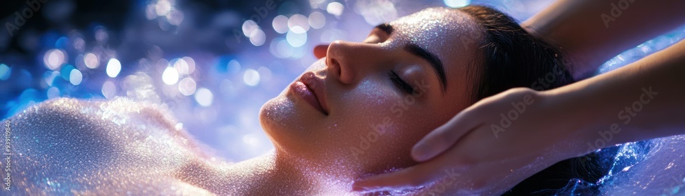 Woman Relaxing with Glitter on her Face and Hands Woman Relaxing with Glitter on her Face and Hands