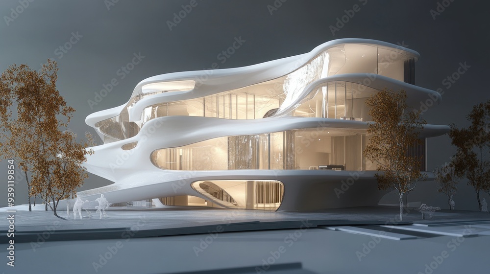 Modern, Curved White House with Glass Windows and Trees Modern, Curved White House with Glass Windows and Trees