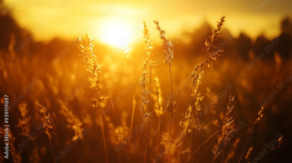Detailed view of a field of grass silhouetted against a golden sunrise, with the sun casting long shadows Detailed view of a field of grass silhouetted against a golden sunrise, with the sun casting long shadows