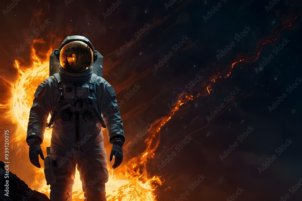 Obraz premium Describe the terrifying moment when a group of astronauts, on a mission to study the sun's core, discover a twisted, eldritch creature lurking in the fiery depths of the sun's surface.