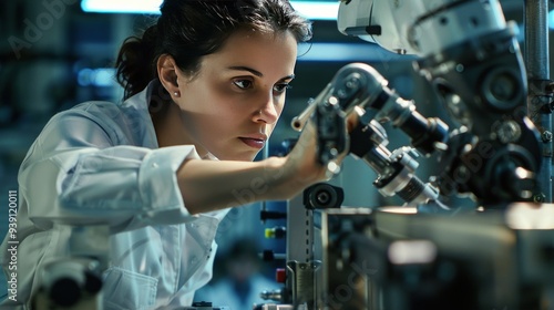 A female engineer is working in an advanced machine factory, where she is inspecting a robotic arm in the assembly plant.