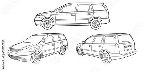 Set of classic station wagon. Different five view shot - front, rear, side and 3d. Outline doodle vector illustration